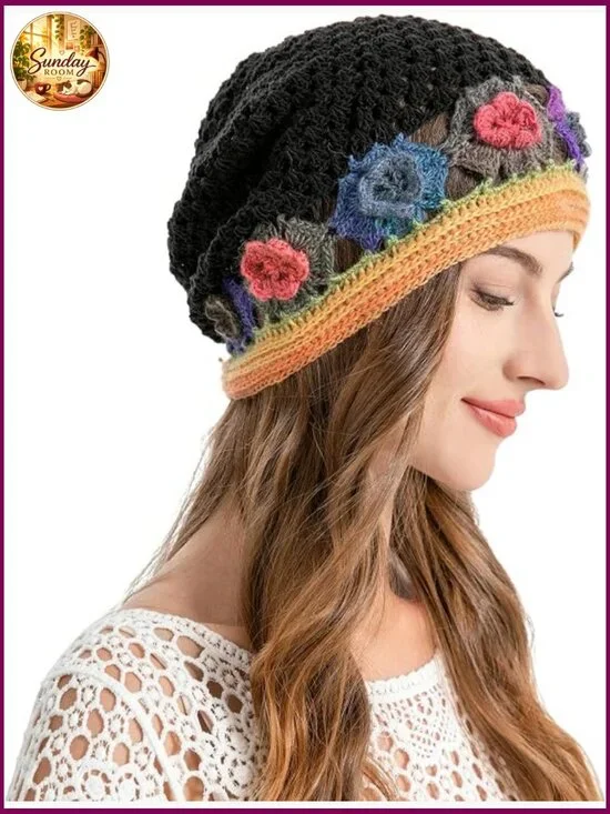 Women's Handmade Crochet Slouchy Beanie Hat - Cotton Knit Summer Skull Cap