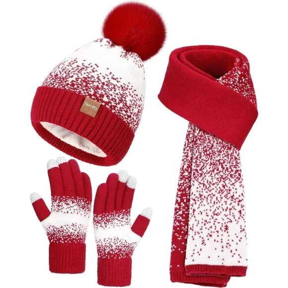 Women's Red White Winter Beanie Hat Scarf Gloves Set Pom Warm Christmas Gift