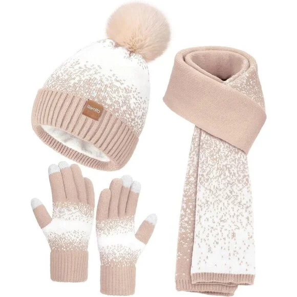 Women's Oatmeal White Winter Beanie Hat Scarf Gloves Set Pom Warm Christmas Gift