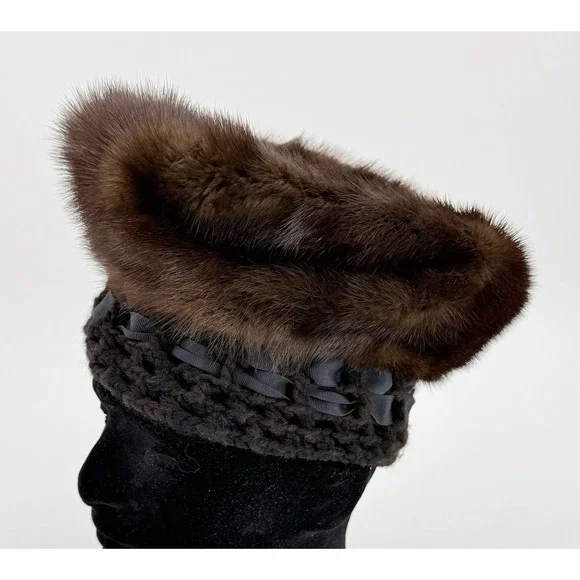 Amrose Vintage 1950s/60s Brown Mink & Crochet Fur Hat Size XS Extra Small