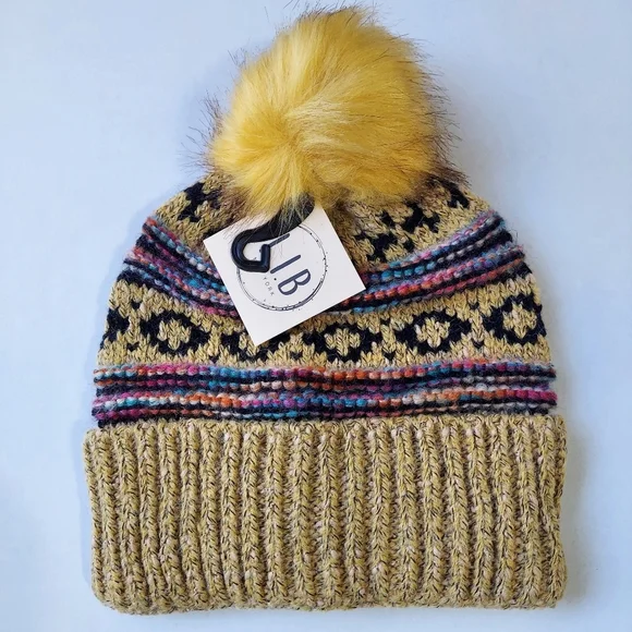 L.I.B New York Hat Beanie Mustard Yellow Womens Cable Knit Warm Faux Fur Pom New