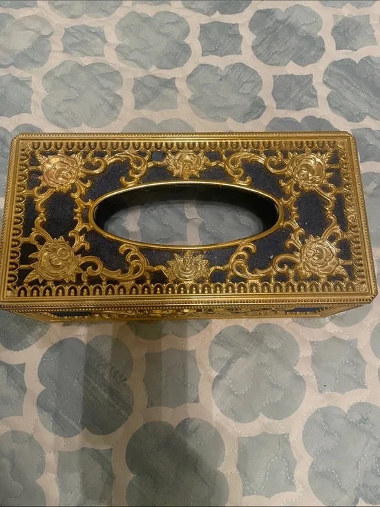 Ornate Gold and Navy Decorative Tissue Box Cover
