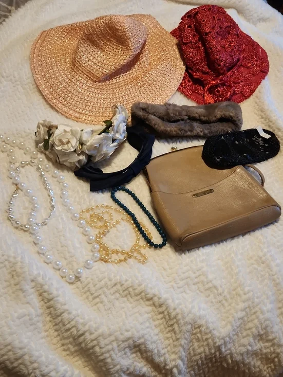 Vintage 1950s Girls Dressup Bundle With Hats, Purses, Pearls, And Headbands