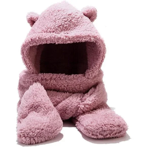 Unisex Pink Winter Bear Ear Sherpa Hood Hat Scarf Gloves 3 in1 100% Polyester