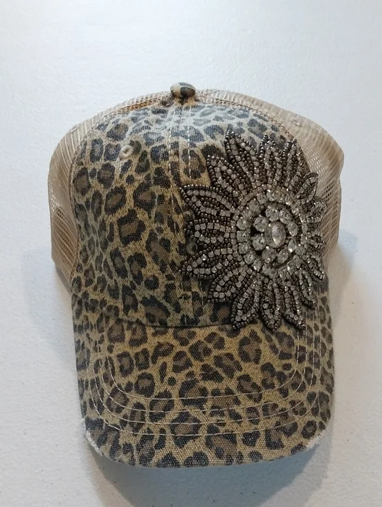 Leopard Print Large Rhinestone Floral Applique Ball Cap NWT!