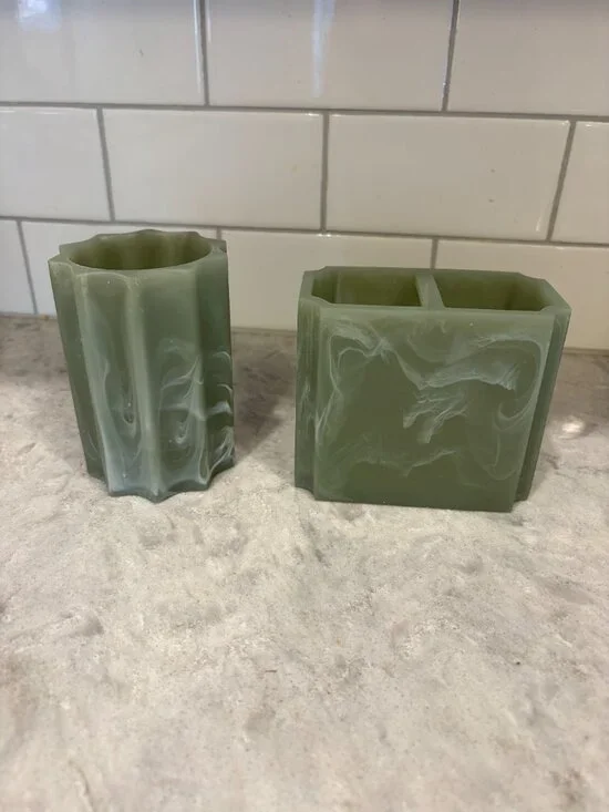Kassatex Tumbler & Toothbrush Holder Marble Sage Green