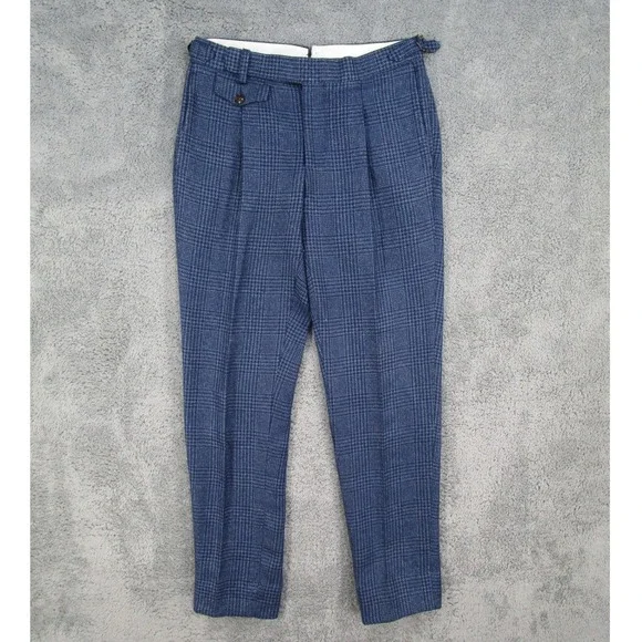 Suitsupply Brentwood Blue Glen Check Wool Linen Pleated Trousers Mens 36S