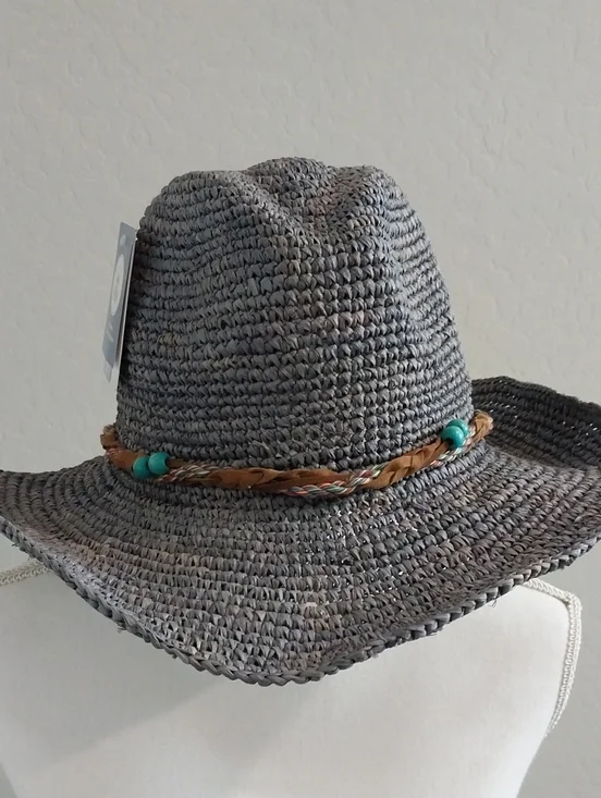 Wallaroo Gray Blue Braided-Bead Straw Sun Hat with Turquoise Accents NWT