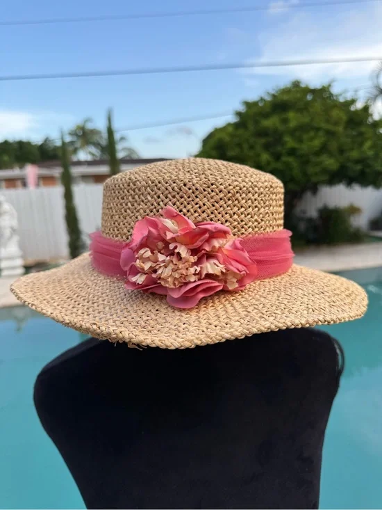 Straw Sun Hat with Pink Floral Band