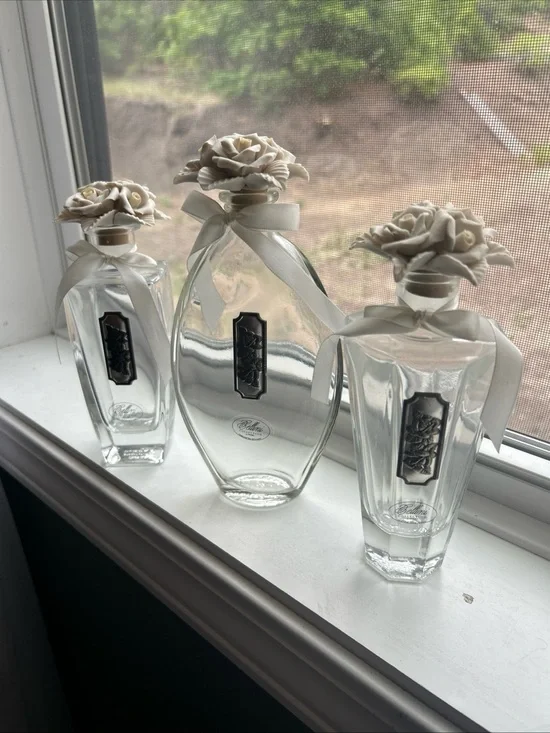Set of 3 VTG Cellini Collection perfume bottles porcelain roses on stopper