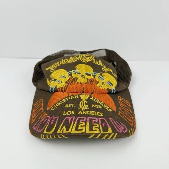 Christian Audigier Hat Embroidered Snapback Trucker Cap Brown Skulls Love LA