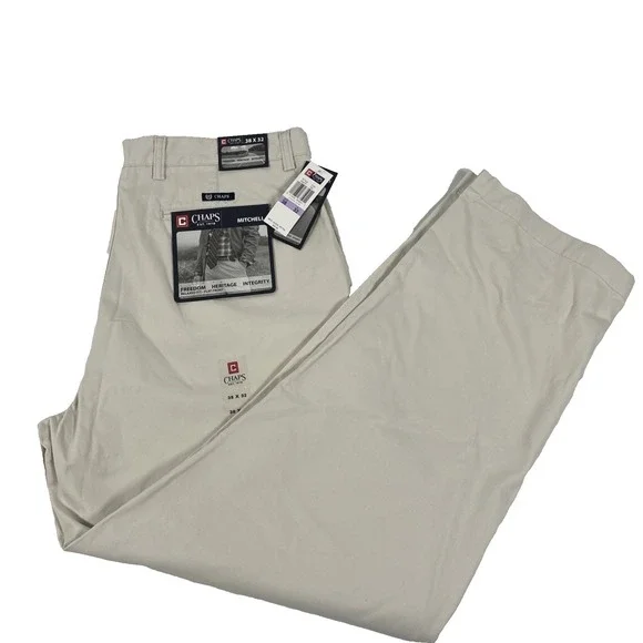 Y2K Mens Chaps Mitchell Relaxed Fit Flat Front Cream Chino Pants Size 38x32 NWT