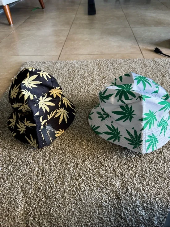 Leaf Print Bucket Hats - Black/Gold & White/Green (2 Pack)