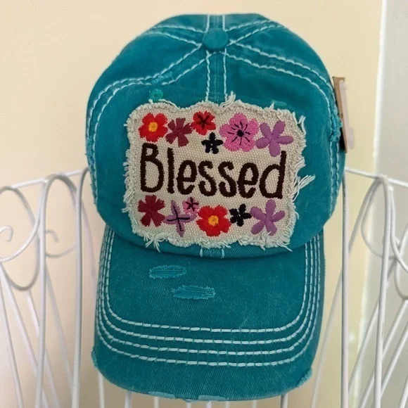 Iron Orchid Studio Teal 'Blessed' Embroidered Cap. OS. NWT.