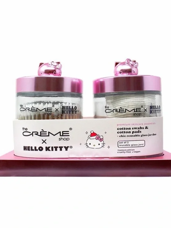 NEW The Crème Shop x Hello Kitty Pink Reusable Glass Jar Set. Cotton & Pads.