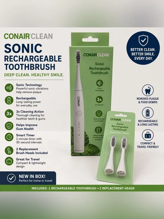 Conair Clean Sonic Rechargeable Toothbrush w/ 2 Replacement Heads NIB