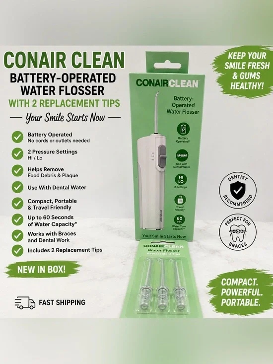 Conair Clean Battery Operated Water Flosser w/ 3 Replacement Tips NIB
