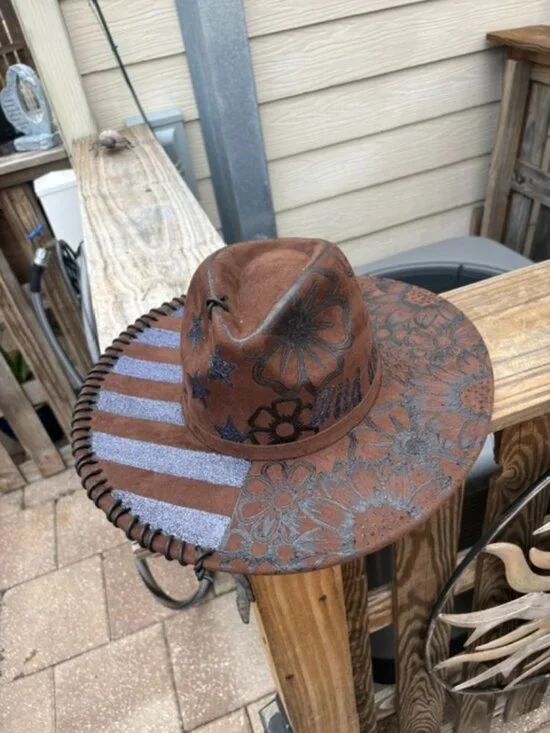 Hand‑Burned Patriotic Western Cowboy Hat