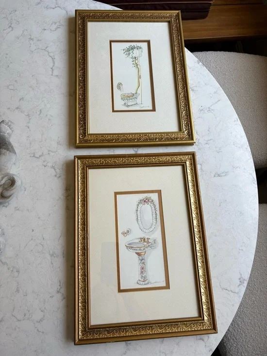 Vintage Pair of Gold Ornate Framed Bathroom Prints