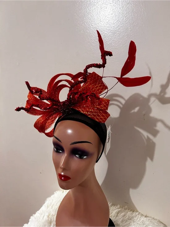 Red Feather and Mesh Fascinator Headpiece