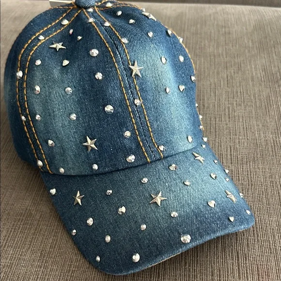 LA VALENTINA Denim Bling Baseball Hat Silver Stars and Rhinestones NWT