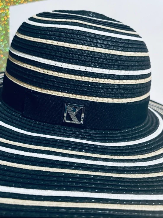 REED Striped Paper Sun Hat in Black, White & Natural