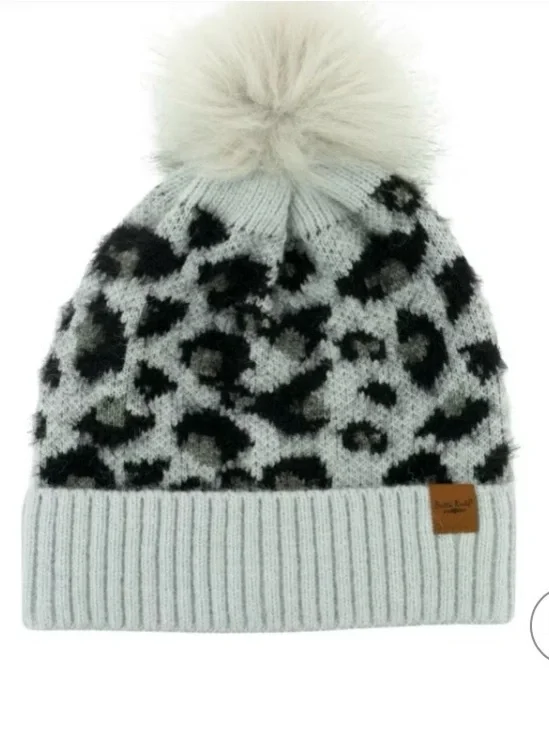 Britt’s & Knots Faux Fur Pom Leopard Knit Beanie - Light Gray NWT