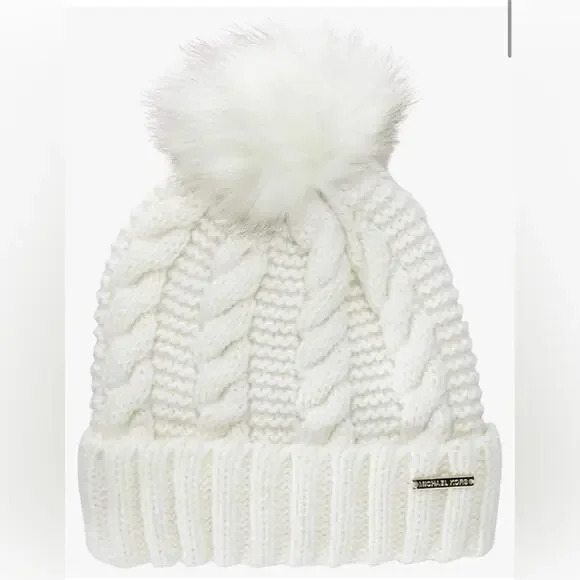 NWT - Michael Michael Kors - Women`s Cable Knit Teddy Fleece Faux Fur Pom Po…