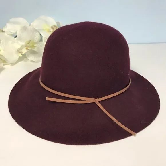 Women’s Wide Brim Wool Felt Fedora Hat - Burgundy with Tan Band