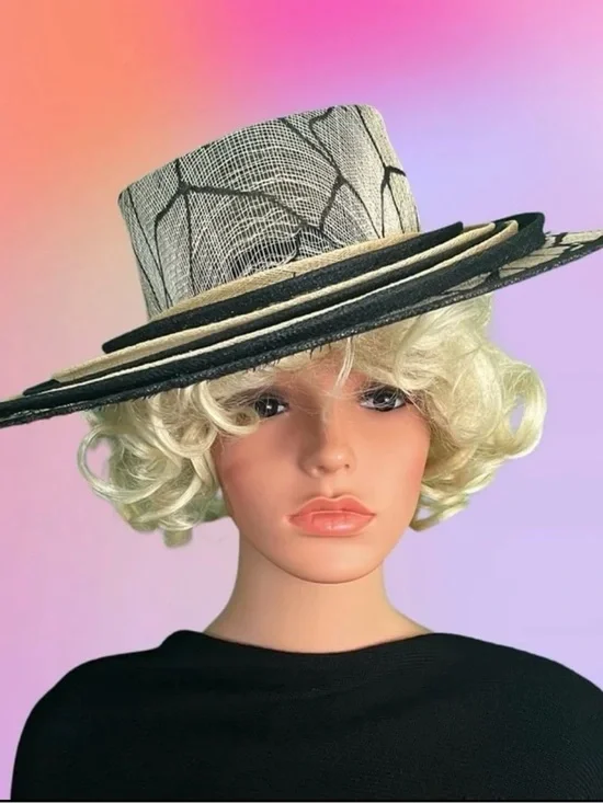 Soprattutto Cappelli Italy Black Ivory Sisal Wide Brim Derby Church Hat M