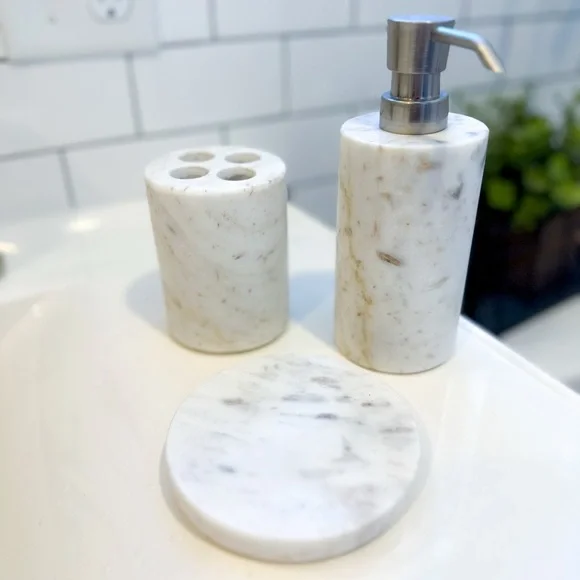 Threshold White Marble Bath Accessory Set with Gray Veining