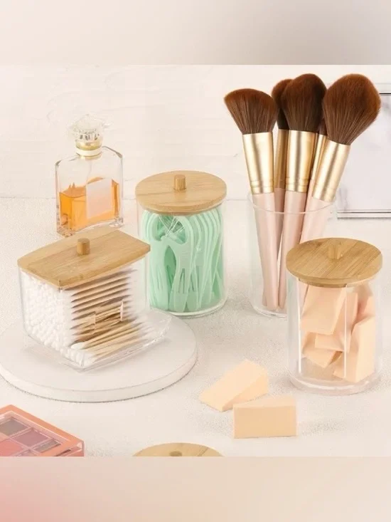 Clear Acrylic Cotton Swab Holder for Bathroom Organization w/ Bamboo Top EUC OBO
