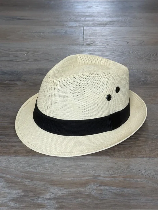 Unisex Breathable Cream Fedora with Black Band, 4 Vents, Elastic Inside Band