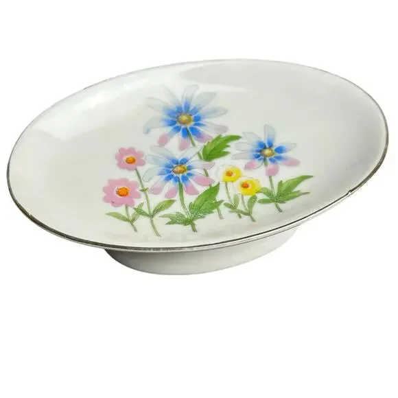 Vintage porcelain pedestal soap dish oval floral cottagecore Victorian pastel 5”