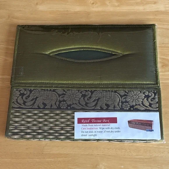 Reed Tissue Box Cover Decorative Elephant Pattern Green Black Gold, Rectangular