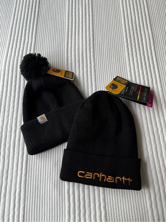 Carhartt Black Beanie Set with Pom Pom and Embroidered Logo