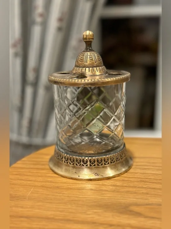 Antique Cut Crystal  Vanity  Toothbrush holder with Ornate Metal Lid