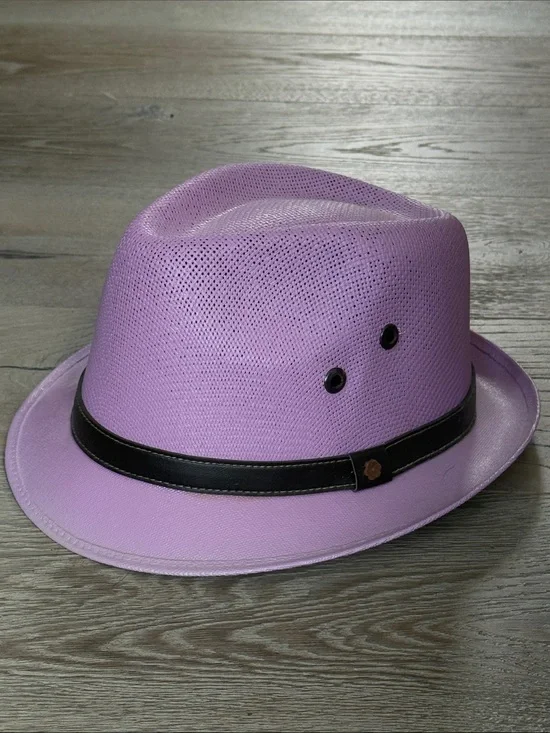 Greenlife Hats Lavender Fedora Hat Black Faux Leather Band Flower Embellishment