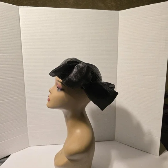 Vintage Deborah New York Black Woven Pillbox‎ Hat Beaded Trim Large Bow Accent