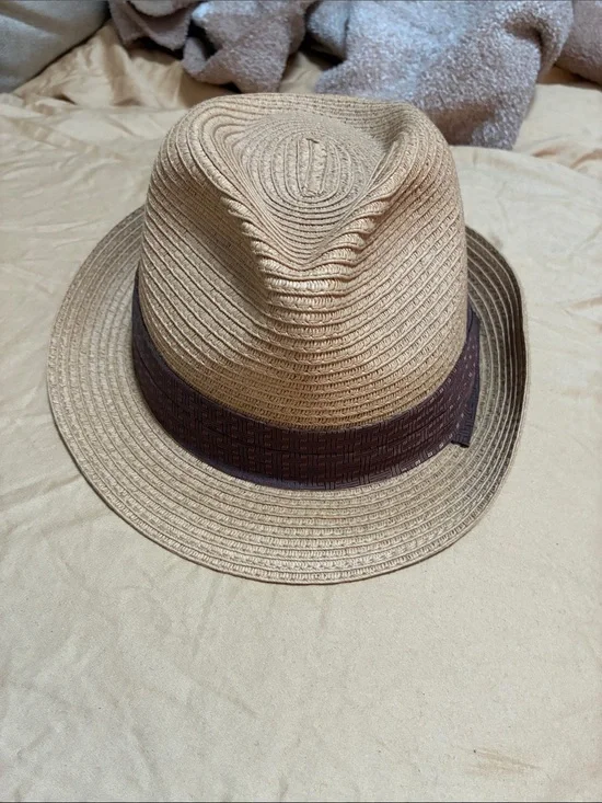 Tan Straw Fedora Hat with Dark Brown Band