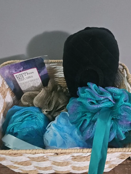 Spa Gift Basket with Black Slippers and Teal Bath Poufs