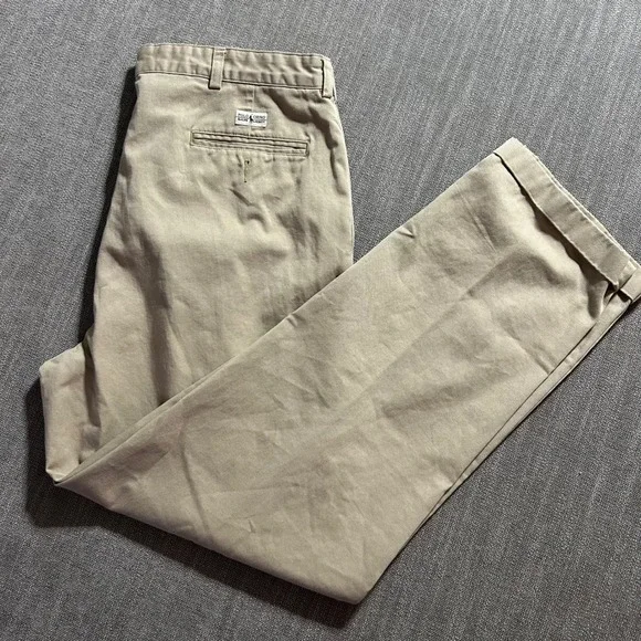 Polo Ralph Lauren Chino Pants Mens 38x32 Khaki Tan Pleated Cuffed Cotton Twill