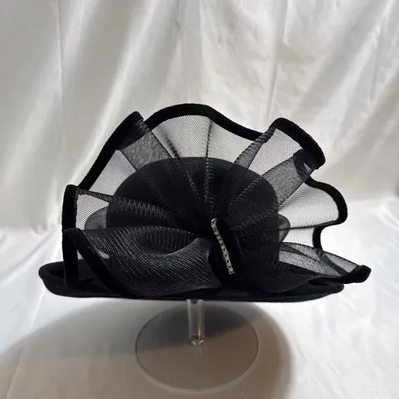 Vintage Women's Black Fascinator Hat Rhinestone & Bow Design Wool & Tool Size 7