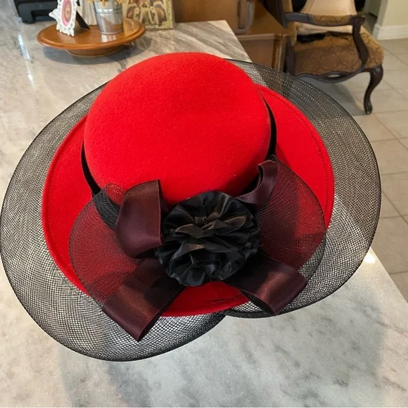 Milan by Charm Floral Mesh Hat Woolen Retro Dress Hat Red Black Mesh Hat