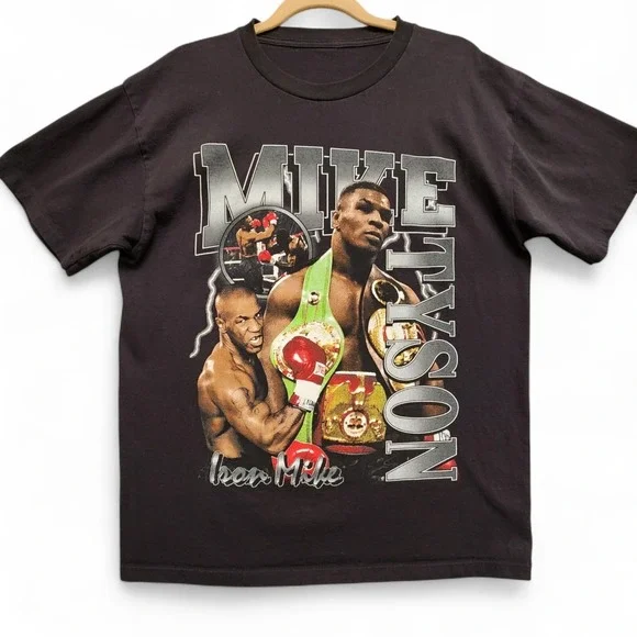 Iron Mike Tyson Championship Belts Graphic Shirt Mens Large Slim Fit Black Tee‎