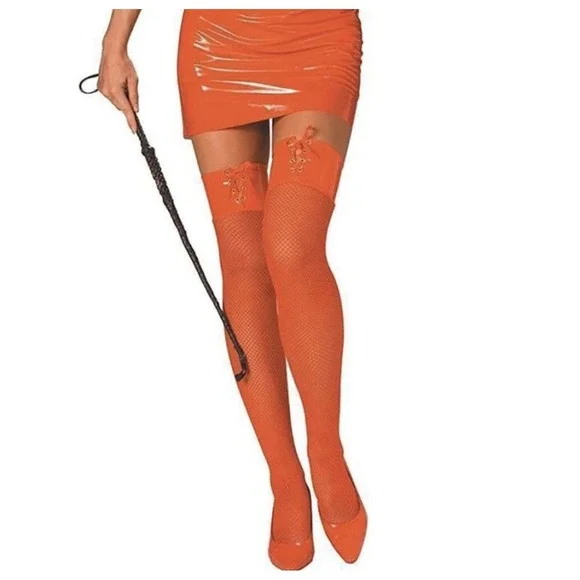 Women's Red‎ Thigh High Fishnets with Silver Studs