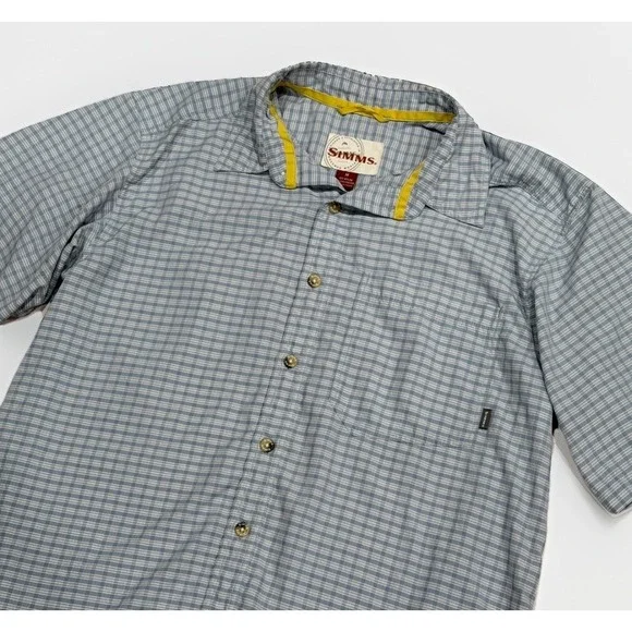 Simms Performance Fishing Button‎ Up Short Sleeve Blue Plaid Men's M Outdoor