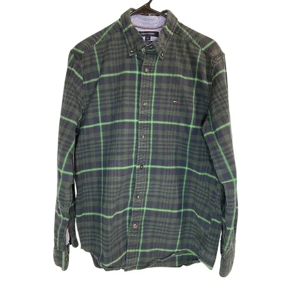 Tommy Hilfiger‎ Mens Button Down Shirt Size M Classic Fit Green Plaid