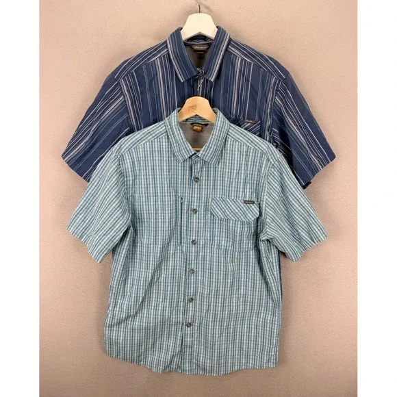 Eddie Bauer Men's Sz M Set Of Blue Striped & Plaid Button Up Pocket Front Shirts