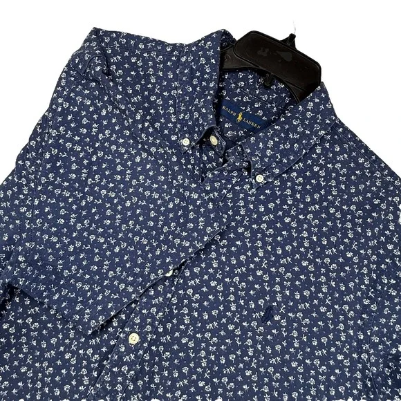 Ralph Lauren Mens XL Shirt Blue Calico Flower Print‎ Short Sleeve Button Down